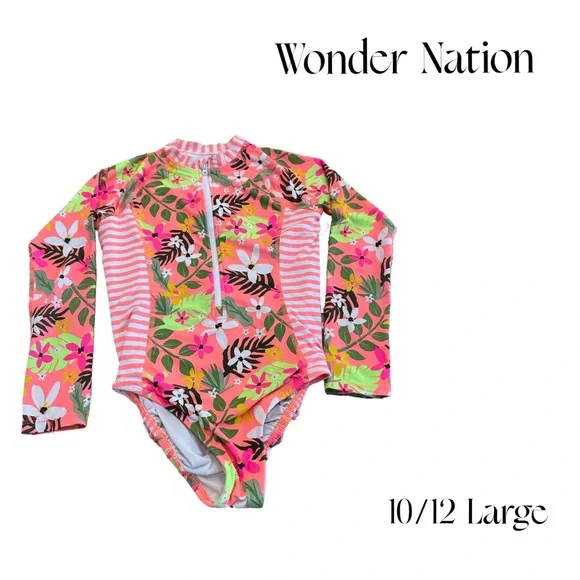 Wonder Nation girls Floral Long Sleeve Swimsuit - Large 10/12 GUC - Picture 1 of 3